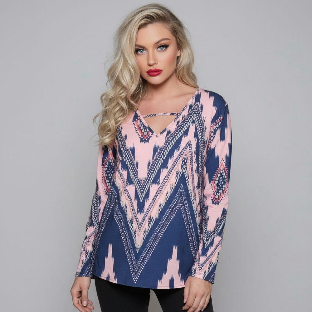 SHEIN Blouse Medium Blue Pink Patterned